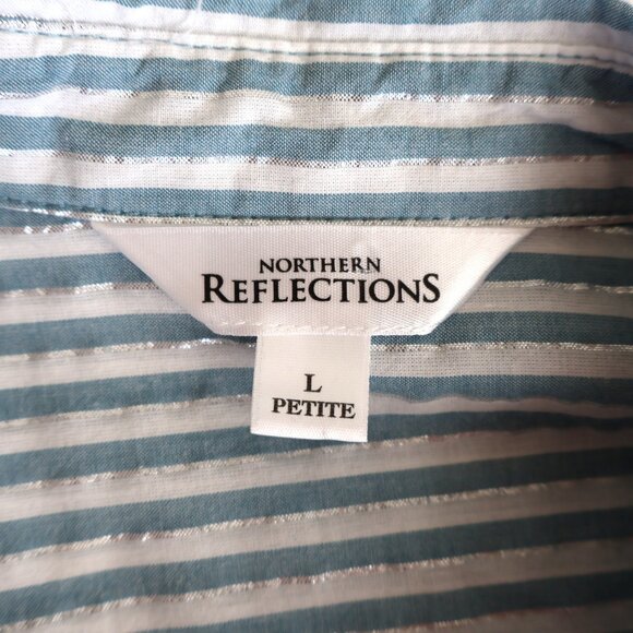 Ladies Button Up Shirt - Blue/White/Silver Stripes -  Size L petite - Cotton - Picture 3 of 11